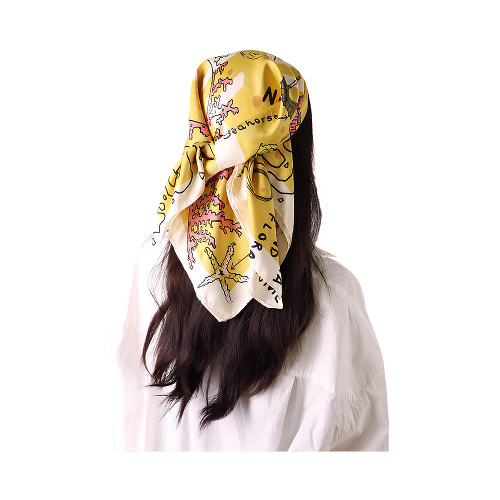 Pañuelo de seda satinada 100% poliéster con estampado amarillo, pañuelo cuadrado de satén para mujer