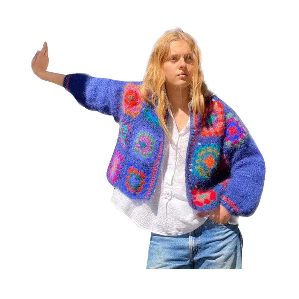 Cárdigan de colores de tamaño de ganchillo lindo suéter de arco iris blanco granny cardigans cuadrados tamaño color patchwork dama