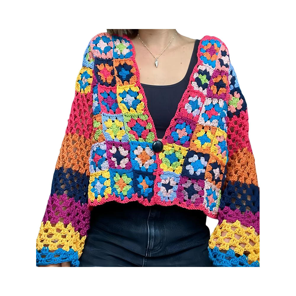 Rebeca cuadrada de abuelita, chaqueta de retazos colorida, rebeca hecha a mano, suéter de ganchillo
